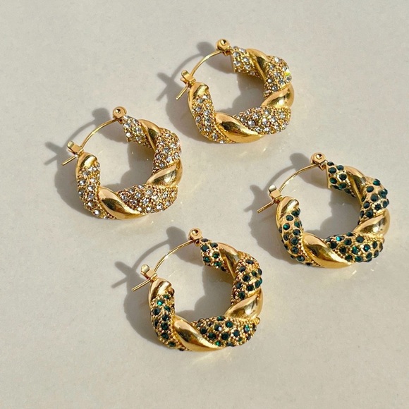 Gold Green Zircon Hoop Earrings*Waterproof Jewelry*Sweatproof - Picture 4 of 4